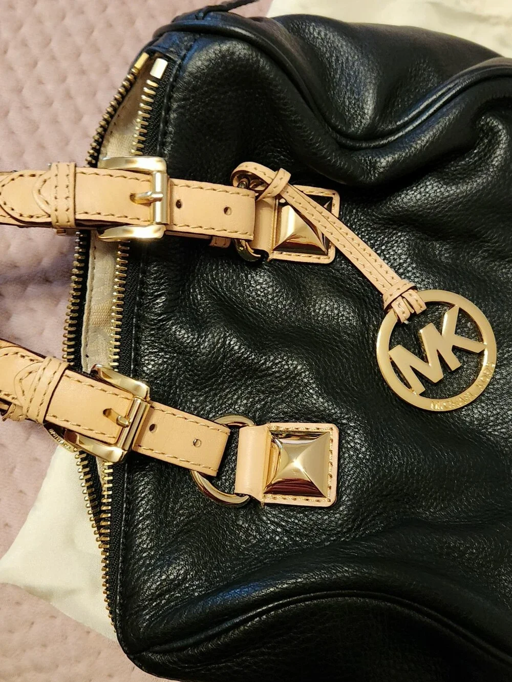 Michael Kors Black Small Hand Leather Satchel with Beige Trim and Gold Hardware
